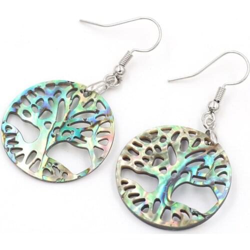 Silver Plated Abalone Shell Tree of Life Drop Earrings Ethnic Style Plant Jewelry