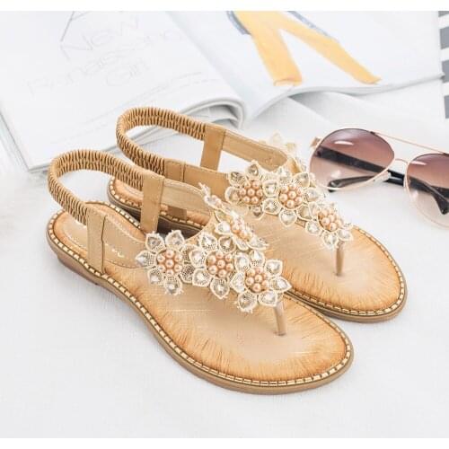 Bohemian Diamond clip toe sandals women flip flops wedges summer shoes woman pearl flower elastic band sandalias big size 36-42