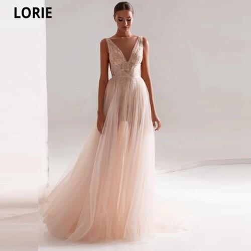 LORIE Sexy Deep V-Neck Long Evening Dresses Vestidos De Festa Tulle Sparkly Crystals Floor-Length Formal Dress Vestidos De Noite