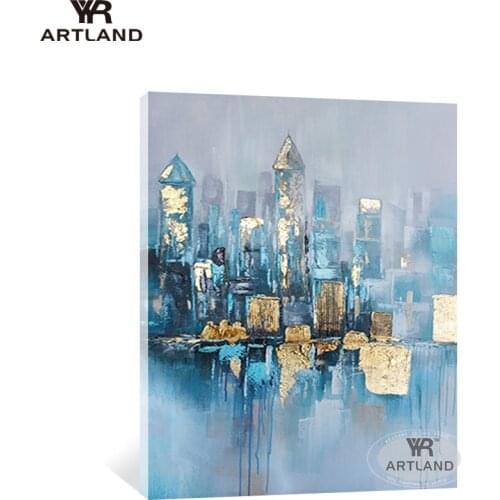 Modern gold city building Handmade abstract oil painting wall home decor hanging picture for living room bedroom no framed