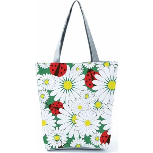 Daisy And Ladybug Printed Handbag Japanese Style Shopping Bag Lady Floral High Capacity Eco Reusable Women Shoulder Bag Custom