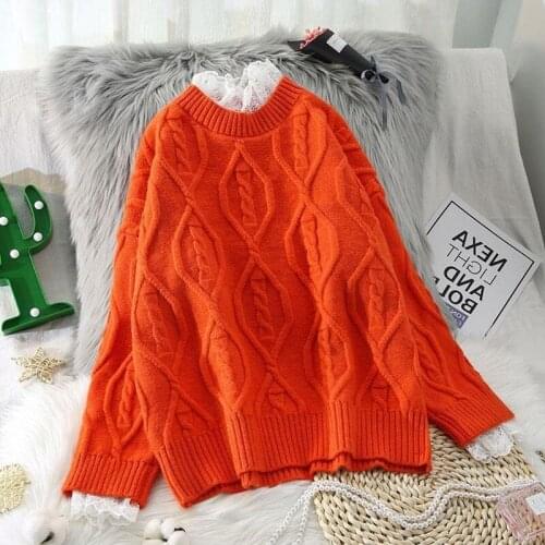 Vintage Lace Sweater Women 2021 New Autumn Winter Loose Long-sleeved Knitwear Pullovers Warm Thicken Twist Bottoming Shirt Tops