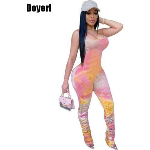 Tie Dye Sexy Bodycon Jumpsuit Women Overalls Ruched Stacked Leggings Pants Elegant Jumpsuit Club Outfit Summer Rompers for Women