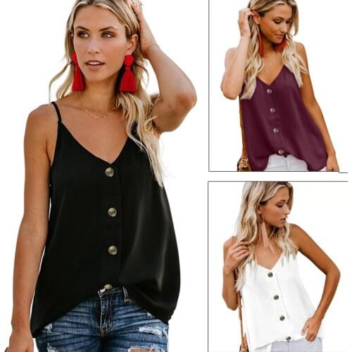2021 Womens Tops Casual Loose Vest Summer V-neck Buttoned Polyester Sling Sleeveless Shirt Breathable Vest Casual Wear Crop Top