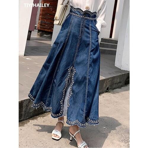 TIYIHAILEY Free Shipping New Fashion Long Maxi Denim Jeans Skirts For Women S-XL Spring Summer High Waist Embroidery Slit Skirts