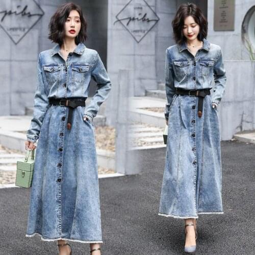 Autumn spring Dress With belt Casual Denim washed Womens Long Sleeve High Waist jeans SLIM Dresses Europen Women clothings
