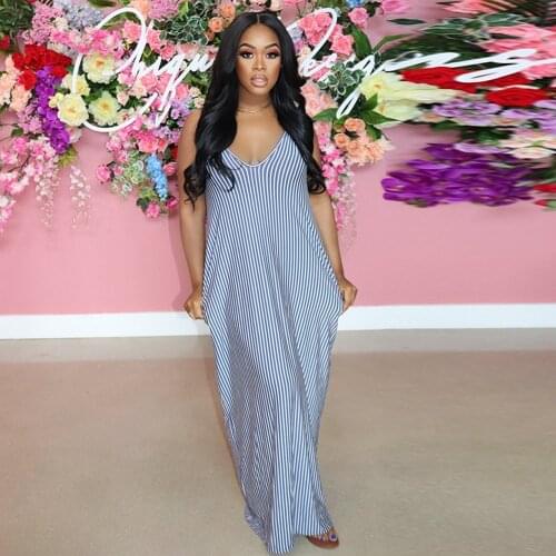 Black White Striped Print Bohemian Maxi Dress Women Deep V Neck Sleeveless Loose Beach Dress Summer Big Swing Holiday Vestidos