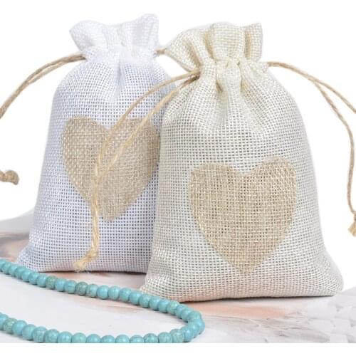 20pcs/lot 10x14cm Heart Shape Favor Bag White/Beige Linen Drawstring Jewelry Gift Packaging Bags Valentine Wedding Party Pouches