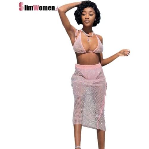 2021 Summer Crop Top and Long Skirts Two Piece Set Cover Up Sexy Mesh Bikini Women Party Club Wear Casual Clothing Dropshipping