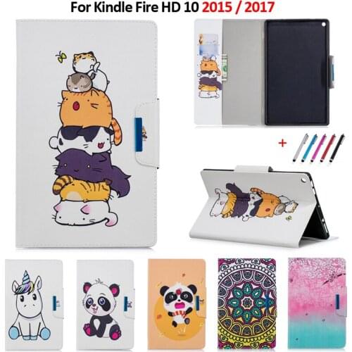For Amazon Kindle Fire HD10 2015 2017 Case Cover Cute Unicorn Panda Leather Tablet Cover For Kindle Fire HD 10 2017 Case 10.1"