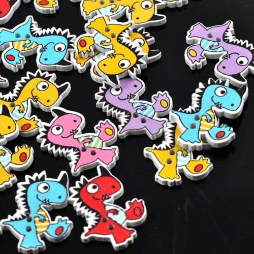 Animal Wooden Buttons Cartoon Dinosaur Shaped 2 Holes Mixed Color 50pcs/lot Sewing Accessories 21x27mm MT0801