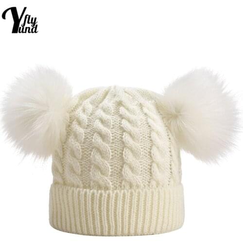 Yundfly Childrens Solid Color Double Furball Hat Autumn and Winter Fashion Warm Knitting Wool Cap Infant Headwear Birthday Gift