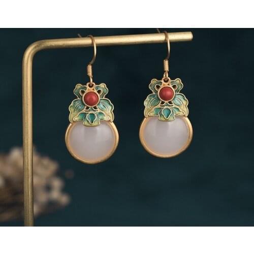 Hetian Jade Enamel Porcelain Earrings for Women Retro Court Unique Ancient Charm Womens Jewelry Earrings 2021 Trend M4