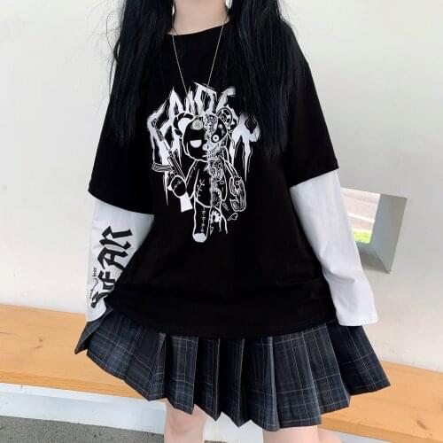 Japanese bear cartoon gothic T-shirt casual women punk plus size Vintage top Harajuku 100% cotton fun dark short-sleeved T-shirt