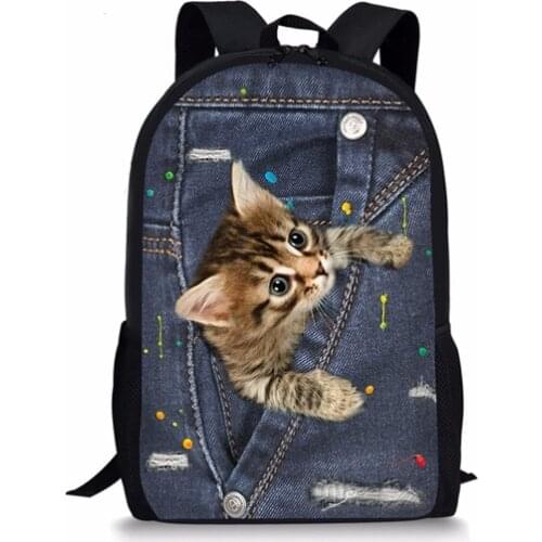 Kawaii 3D Animal Black Denim Pocket Cat/Kitten Print Boys Girls School Bags Primary Students Backpacks Kids Satchel
