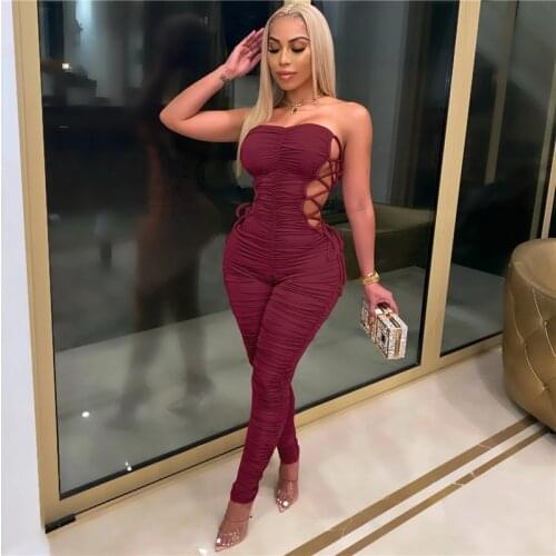 Imcute Jumpsuit Women Wrap Off Shoulder Strapless Clubwear Sexy Solid Side Cutout Hollow Out Lace Up Ruched Bodycon Rompers 2021