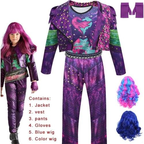 Kids Audrey Evie Evil Mal Descendants3 Cosplay Costume Girls Jacket Vest Pants Wig Gloves Children Birthday Party Halloween Suit