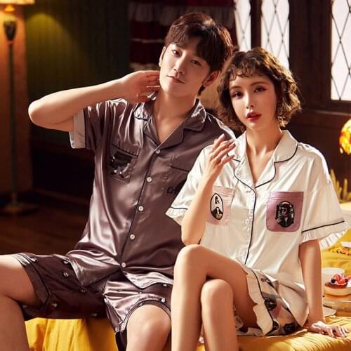 Summer Ice Silk Pajamas Women Couple Thin Short Sleeve Shorts Mens Or Womens Homewear Set