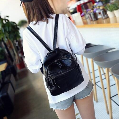 Small simple campus student school bag travel backpack female shoulder bag Daypack black Washable Soft pu Leather Women backpack