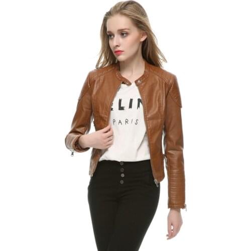 Fashion Women Elegant Zipper Faux Leather Biker Jacket Brown Black Slim Ladies Coat Casual brand Motorcycle Leather Coat
