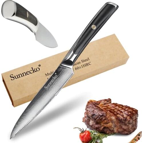 SUNNECKO 5" inch Steak Chef Knife Kitchen Knives Japanese Damascus VG10 Steel G10 Handle Meat Slicing Utility Beef Cutting Tools