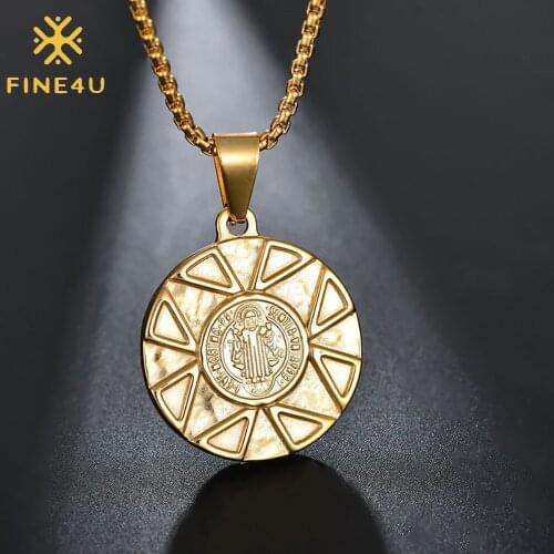 FINE4U N673 Saint Benedict Medal Pendant Necklace Reversible Religious Jewelry Catholic Gift for Men Women