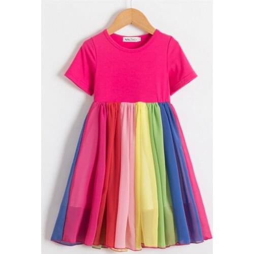 Princess Dress For Girls Rainbow Summer Clothes Kids Short Sleeve Cotton Mesh Patchwork Dresses Children Party Color Prom Gown
