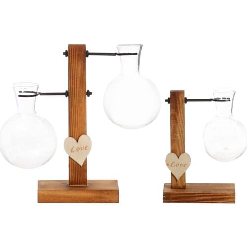 Plant Terrarium Transparent with Wooden Stand Glass Vase Holder Creative Hydroponic Wooden Frame for Coffee Shop Room Decor