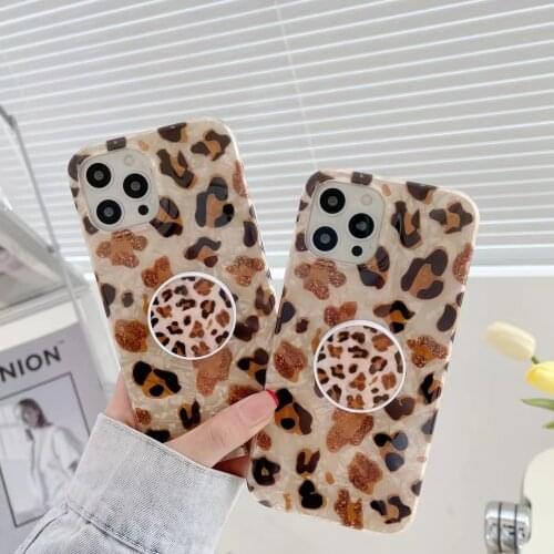 Luxury Leopard Print Bracket Phone Case for iPhone 12 Pro Max 11 Pro X XR XS Max 8 7 Plus Glitter Soft TPU Stand Back Cover