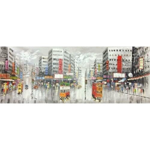 Hand Painted Oil Painting on Canvas Abstract Hong Kong Trams Street Canvas Painting Wall Art Picture Paiting for Home Decoration