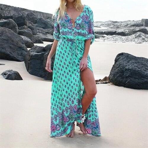 S-5XL Bohemia Maxi Woman Print Dress Female Sexy V-neck Summer Beach Vestidos Women Loose Floral Retro Party Long Dresses