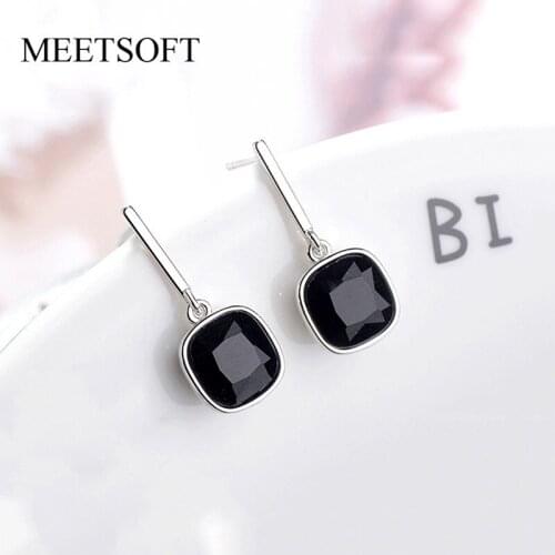 MEETSOFT 925 Sterling Silver Prevent Allergy Drop Earrings for Women Trendy Design Small Black Square Jewelry Gift
