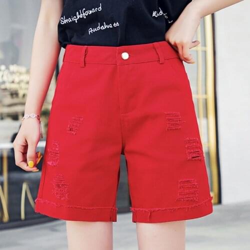 Shorts Women High Waist Red Wide Leg Casual 2021 Feans Feminino Hollow Out Korean Fashion Summer Loose Solid Denim Short Femme