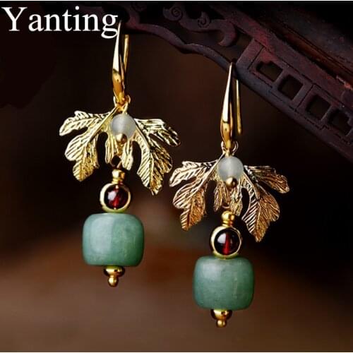 Yanting Vintage Earrings For Women Ethnic Earrings Female Gold Color Leaf Earings Fashion Jewelry Aventurine Stone Earring 032