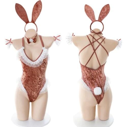 Cute Anime Bunny Girl Cosplay Costume Halloween Women Rose Pink Velvet Sexy Jumpsuit Roleplay Lolita Lace Lingerie Set Bodysuit