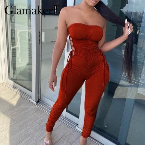 Glamaker Sexy off shoulder bodycon slim women jumpsuit Lace up fashion slim backless autumn jumpsuit Party club skinny overalls