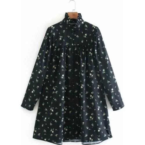 Women Flower Printing Stand Collar Single Breasted Loose Straight Dress Female Long Sleeve Clothes Fashion Vestido D6887