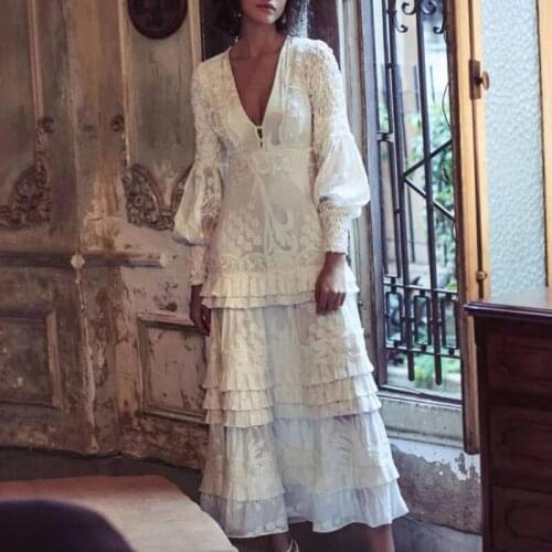 New Applique Embroidery Women White Dress Long Lantern Sleeve High Waist Ruffled Cake Dress Lady Vestido Clothing Black Color