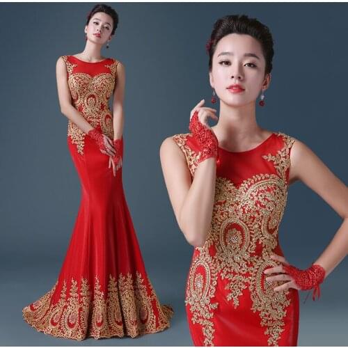 Pretty red black 2016 elegant Trumpet / Mermaid evening dresses gold appliques dresses formal party dress rhinestones prom dress