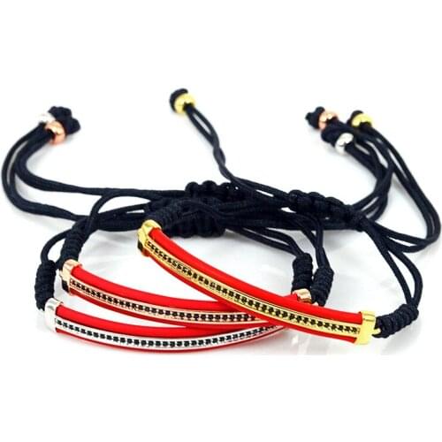 5pcs/lot charms men jewelry rose gold color strip with red leather pave black CZ Zircon Adjustable unisex macrame Bracelet 2020