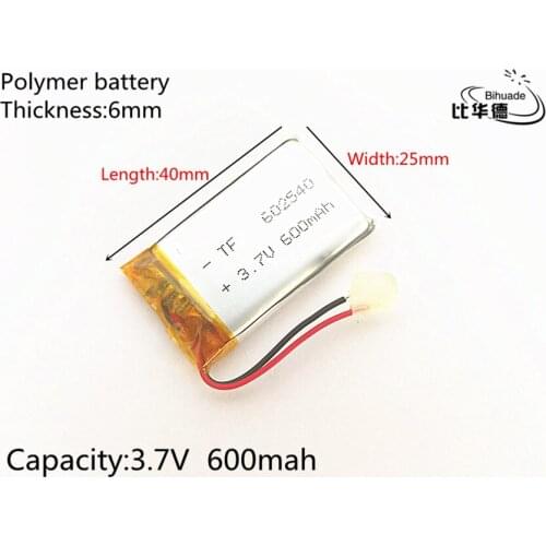Free shipping 1pcs/lot 3.7V 600mAH 602540 Polymer lithium ion / Li-ion battery for DVR RECORD MP3 MP4 TOY