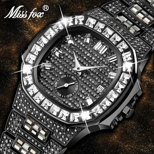 MISSFOX Mens Watch Fashion Unique Black Square Diamond Top Brand Luxury Business Quartz Watch Men Casual Waterproof Watch Clock
