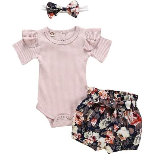 New Born Baby Girl Toddler Clothes Summer Set Short sleeve T-shirt+Print Short Pants+Headband Infant Clothing Kids Outfits Suit
