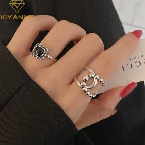 XIYANIKE 925 Sterling Silver Ball Black Square Zircon Ring Female Fashion Retro Personality Trend Temperament Anti-allergy Gift
