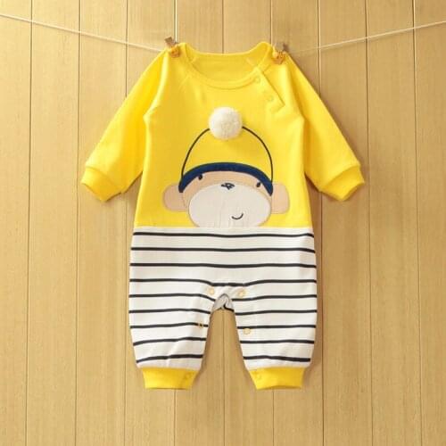 Baby Girls Romper Spring And Summer Pure Cotton Cartoon Striped Stitching Infant Boy Jumpsuit 0-12 Month