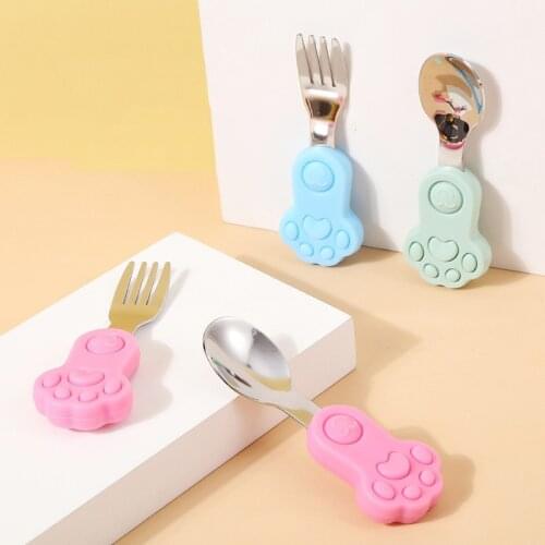 2Pcs Baby Spoon Fork Set Newborn Silicone Feed Kid Cutlery Short Handle Children Tableware Training Stainless Steel Forks Spoons