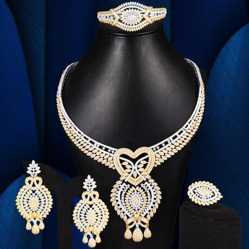Blachette Luxury Nigerian Dubai Tassel Heart Necklace Earring Bangle Ring Set Jewelry For Women Wedding Banquet Celebration