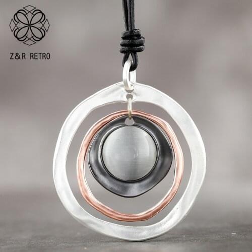 Round Long Rope Chain Necklace Zinc Alloy 2 Color Pendant Vintage Jewelry For Women Handmade Suspension Accessories Fashion 2021