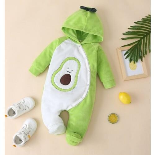 Lovely Avocado Baby Girl Clothes Patchwork Single Breasted Long Sleeve Bow Hooded Baby Romper Warm Baby Boy Clothes Winter 0-18M