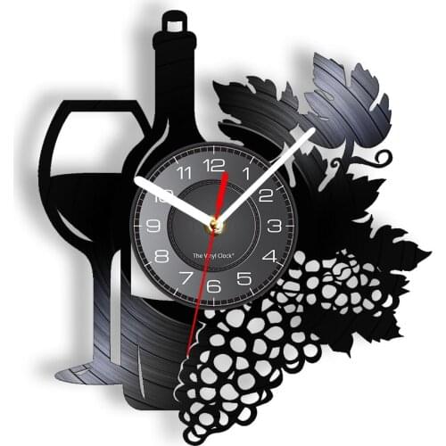 Wine Bottle With Wine Glass Grape Cluster Vinyl Record Wall Clock Home Bar Winery Decor Kitchen Still Life Vinyl Album Clock